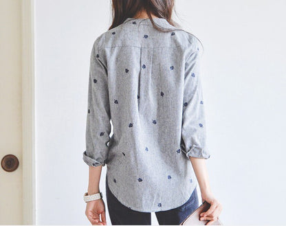 Women's Leaves Embroidery Long Sleeve Women Blouses Female Ladies Casual Shirts Women Tops Striped Blusas femininas