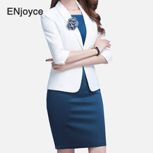 將圖片載入圖庫檢視器 Women &#39;s Formal Dress Suit Set White Slim Blazer and Blue Dress Two Pieces Set Elegant Office Ladies Work Wears Business Uniform
