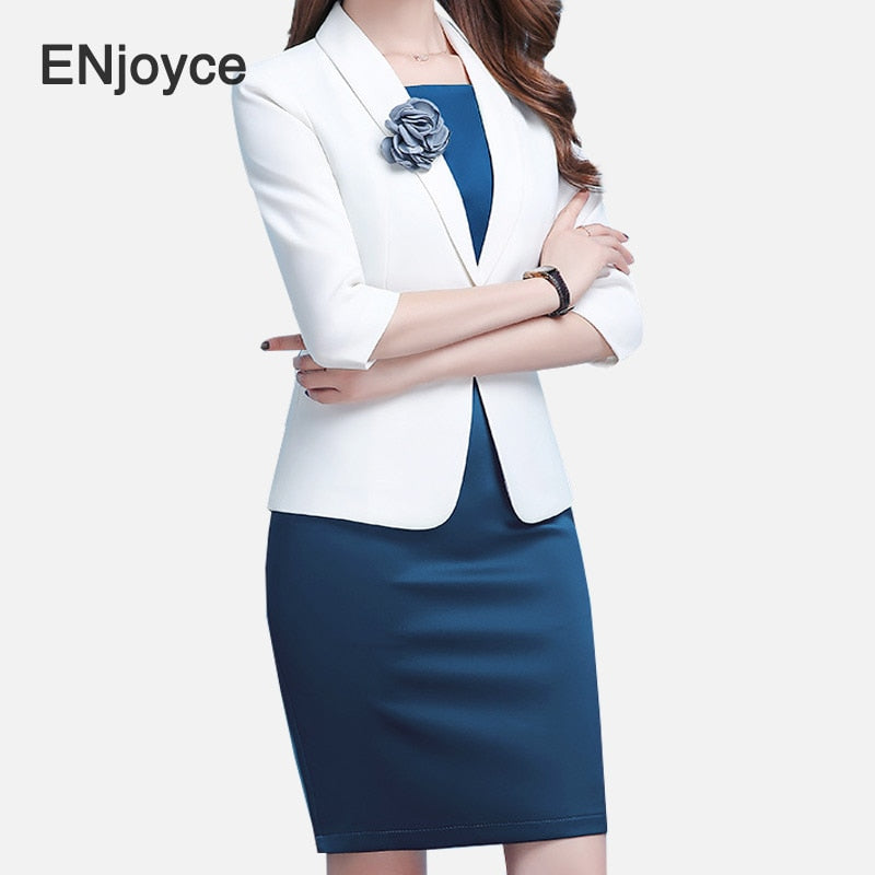 Women 's Formal Dress Suit Set White Slim Blazer and Blue Dress Two Pieces Set Elegant Office Ladies Work Wears Business Uniform