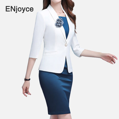 Women 's Formal Dress Suit Set White Slim Blazer and Blue Dress Two Pieces Set Elegant Office Ladies Work Wears Business Uniform