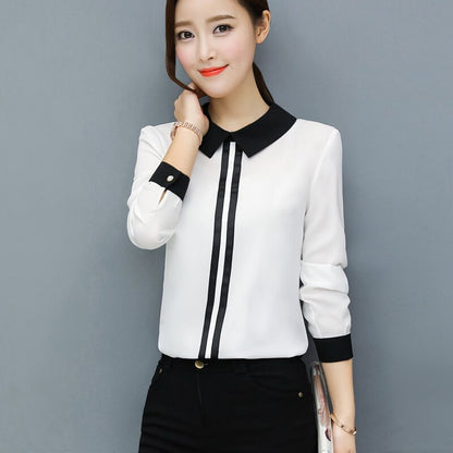 Women's Office Blouse Elegant Chiffon Shirts White or Red Slim Blouse Casual Long Sleeve Plus Size White Shirt