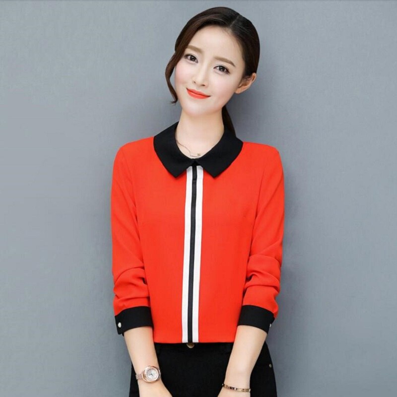 Women's Office Blouse Elegant Chiffon Shirts White or Red Slim Blouse Casual Long Sleeve Plus Size White Shirt