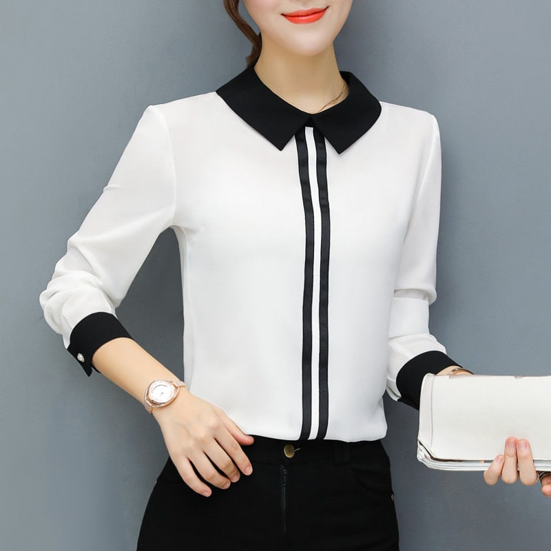 Women's Office Blouse Elegant Chiffon Shirts White or Red Slim Blouse Casual Long Sleeve Plus Size White Shirt