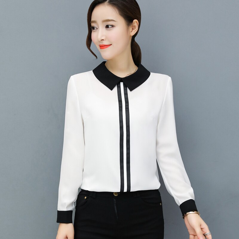 Women's Office Blouse Elegant Chiffon Shirts White or Red Slim Blouse Casual Long Sleeve Plus Size White Shirt