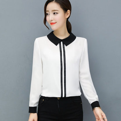 Women's Office Blouse Elegant Chiffon Shirts White or Red Slim Blouse Casual Long Sleeve Plus Size White Shirt