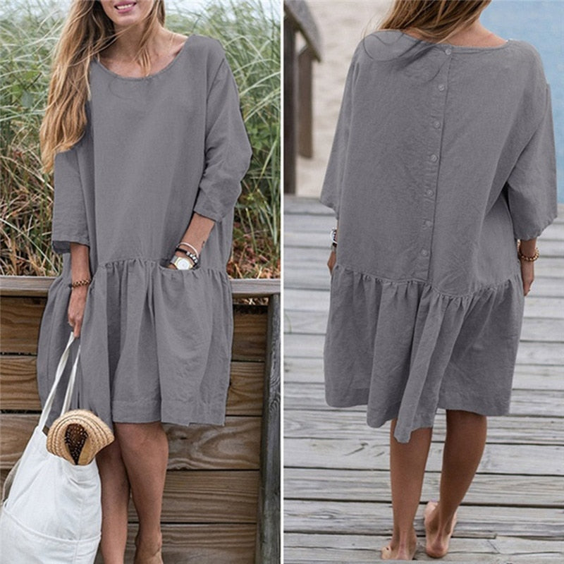 Spring Summer Dress Casual Loose Women O Neck 3/4 Sleeve Ruffle Swing Cotton Solid Color Knee Length Dress