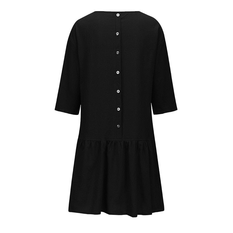 Spring Summer Dress Casual Loose Women O Neck 3/4 Sleeve Ruffle Swing Cotton Solid Color Knee Length Dress