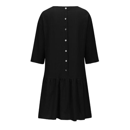 Spring Summer Dress Casual Loose Women O Neck 3/4 Sleeve Ruffle Swing Cotton Solid Color Knee Length Dress
