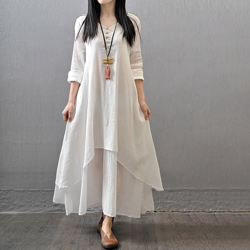 Spring Summer Women Long Cotton Linen Dress White Plus Size False Two Pieces O-Neck Maxi Dresses Office Casual Loose Dress