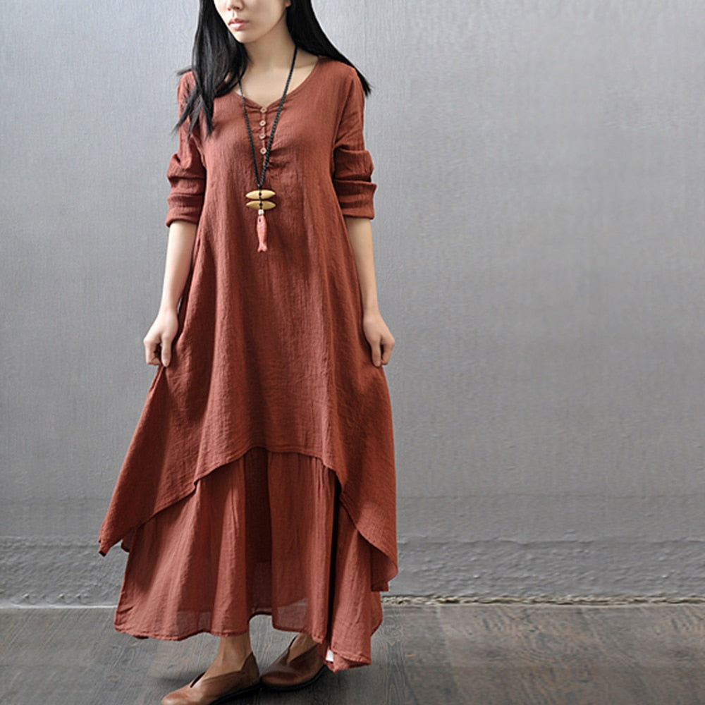 Spring Summer Women Long Cotton Linen Dress White Plus Size False Two Pieces O-Neck Maxi Dresses Office Casual Loose Dress