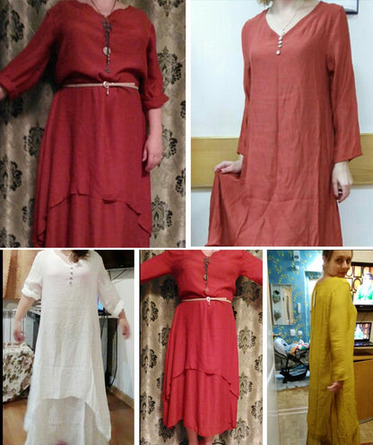 Spring Summer Women Long Cotton Linen Dress White Plus Size False Two Pieces O-Neck Maxi Dresses Office Casual Loose Dress