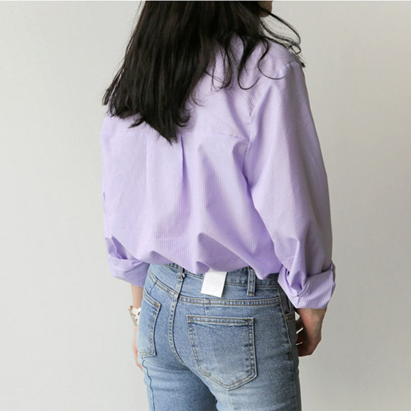 Spring Women Blouse Striped Turn-down Collar Office Lady Tops Full Sleeve Women Shirts Light Purple Fashion Female Tops blusas