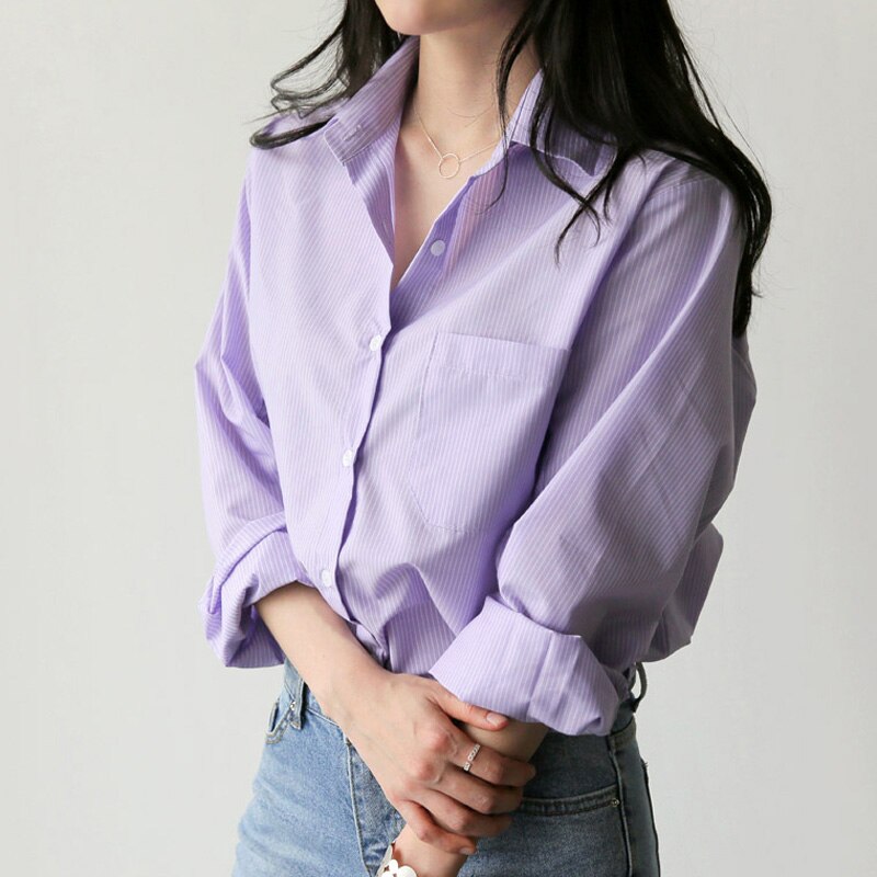 Spring Women Blouse Striped Turn-down Collar Office Lady Tops Full Sleeve Women Shirts Light Purple Fashion Female Tops blusas