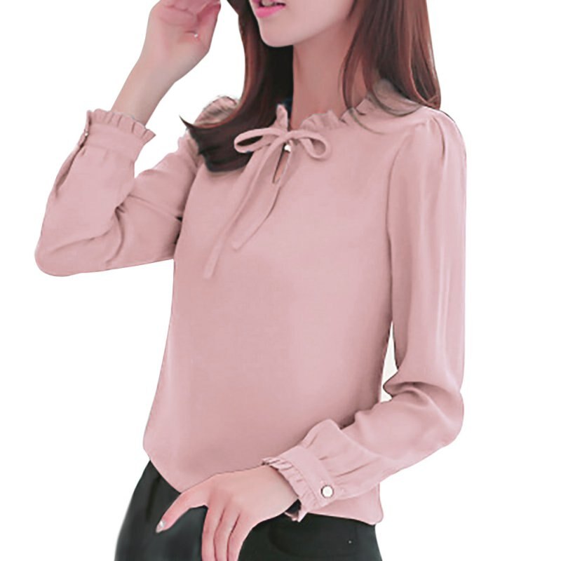 Women's Long Sleeve Stand Collar Bow Blouses Shirt Elegant Ladies Chiffon Blouse Tops Fashion Office Work Wear