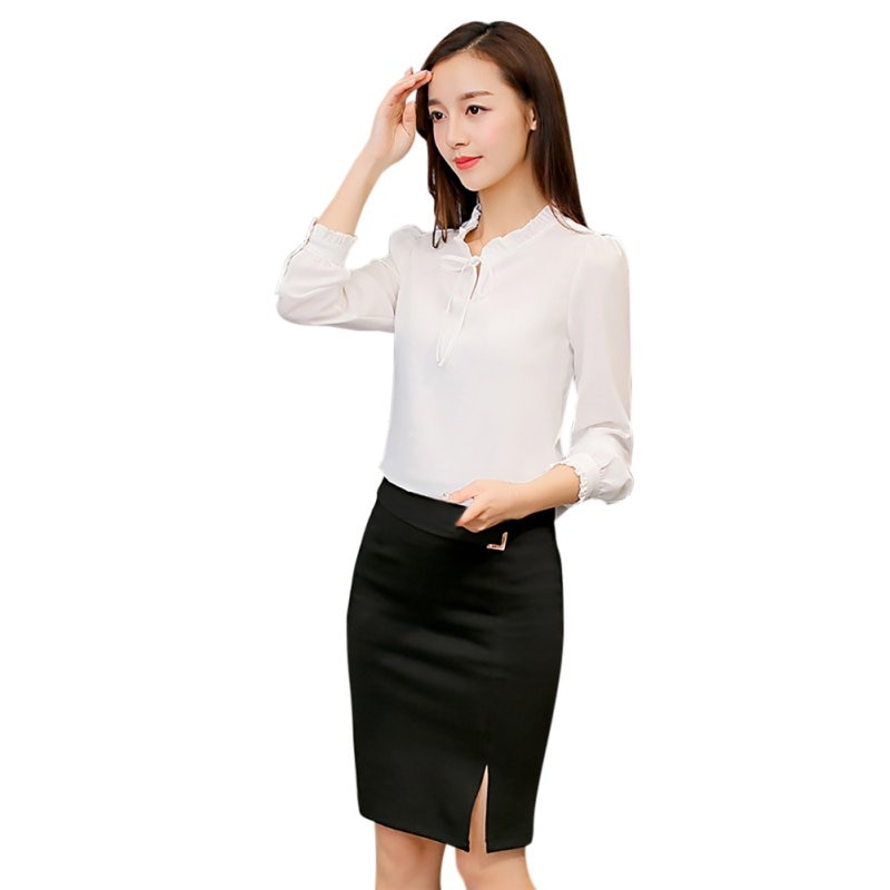 Women's Long Sleeve Stand Collar Bow Blouses Shirt Elegant Ladies Chiffon Blouse Tops Fashion Office Work Wear