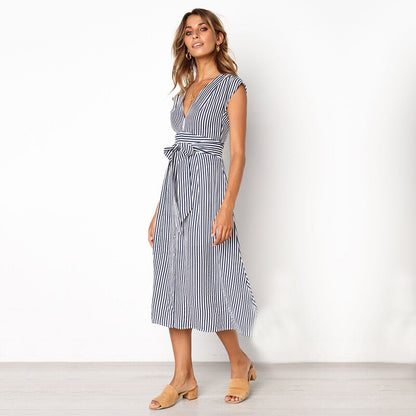 Striped V Neck Dresses Women 2019 Summer Fashion Elegant Vestidos Midi Dress Female Button Casual Sleeveless Belt Party Dress. Women's Dress