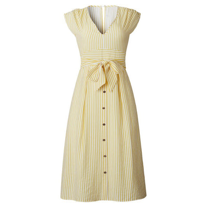 Striped V Neck Dresses Women 2019 Summer Fashion Elegant Vestidos Midi Dress Female Button Casual Sleeveless Belt Party Dress. Women's Dress
