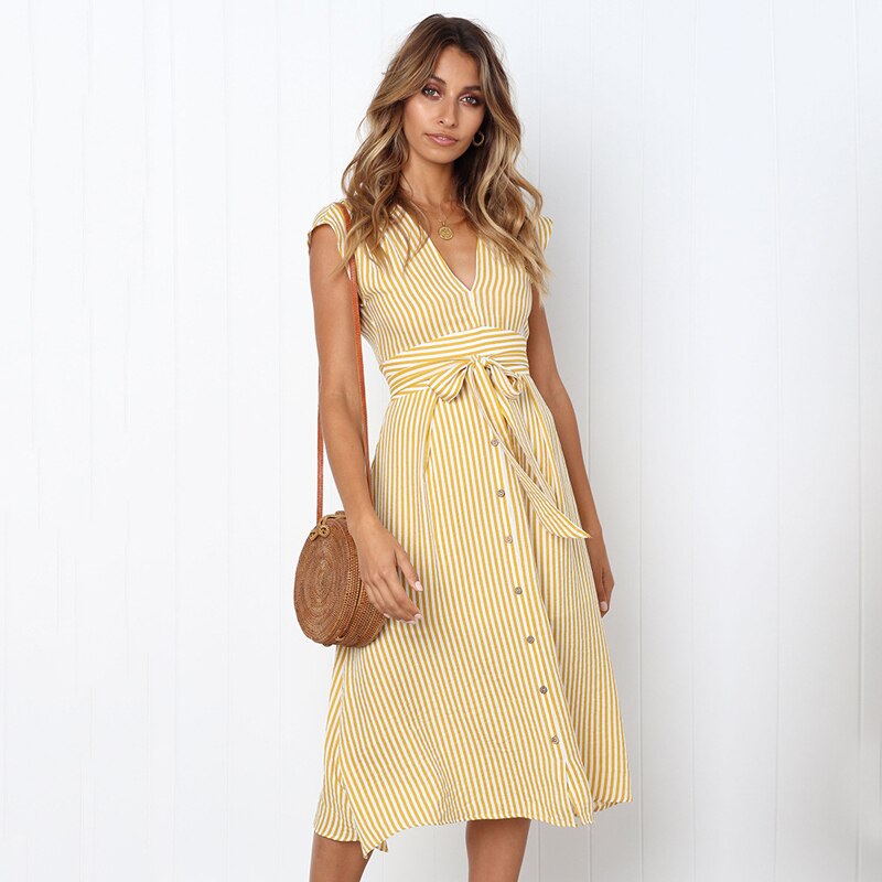 Striped V Neck Dresses Women 2019 Summer Fashion Elegant Vestidos Midi Dress Female Button Casual Sleeveless Belt Party Dress. Women's Dress