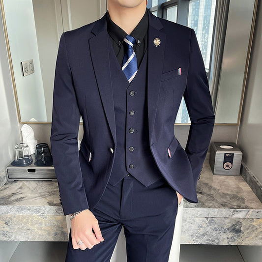 Suit Jacket Vest Pants 3 Pcs Set / 2021 Fashion New Men's Casual Business Solid Color Slim Fits Blazers Coat Trousers Waistcoat