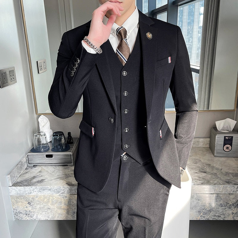 Suit Jacket Vest Pants 3 Pcs Set / 2021 Fashion New Men's Casual Business Solid Color Slim Fits Blazers Coat Trousers Waistcoat