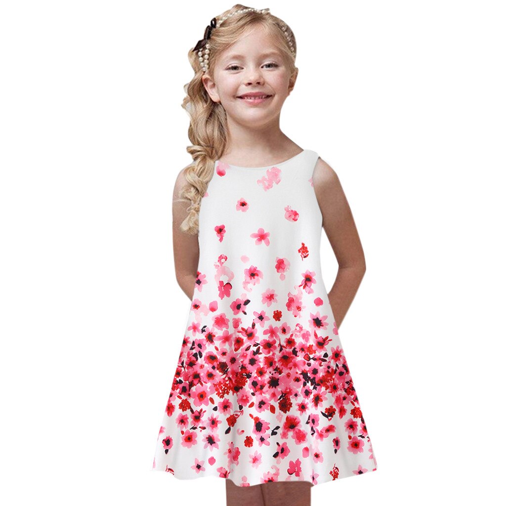 Summer Chic Casual Kids Dress Printing Sleeveless Vest Crew Neck Loose Mini A-line Dress Beach Vacation Girls Dresses Vestidos