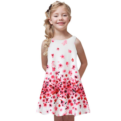 Summer Chic Casual Kids Dress Printing Sleeveless Vest Crew Neck Loose Mini A-line Dress Beach Vacation Girls Dresses Vestidos