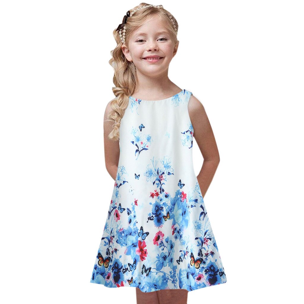 Summer Chic Casual Kids Dress Printing Sleeveless Vest Crew Neck Loose Mini A-line Dress Beach Vacation Girls Dresses Vestidos