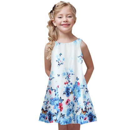 Summer Chic Casual Kids Dress Printing Sleeveless Vest Crew Neck Loose Mini A-line Dress Beach Vacation Girls Dresses Vestidos