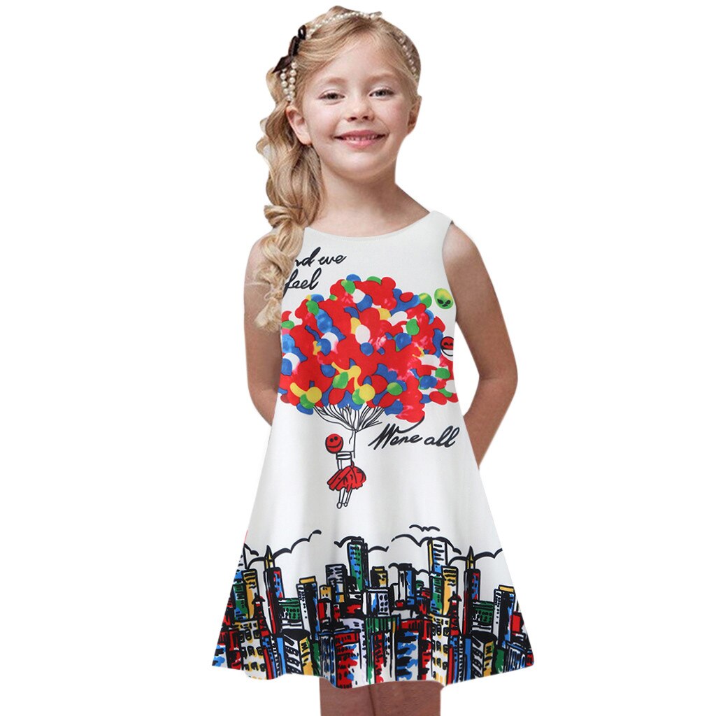 Summer Chic Casual Kids Dress Printing Sleeveless Vest Crew Neck Loose Mini A-line Dress Beach Vacation Girls Dresses Vestidos