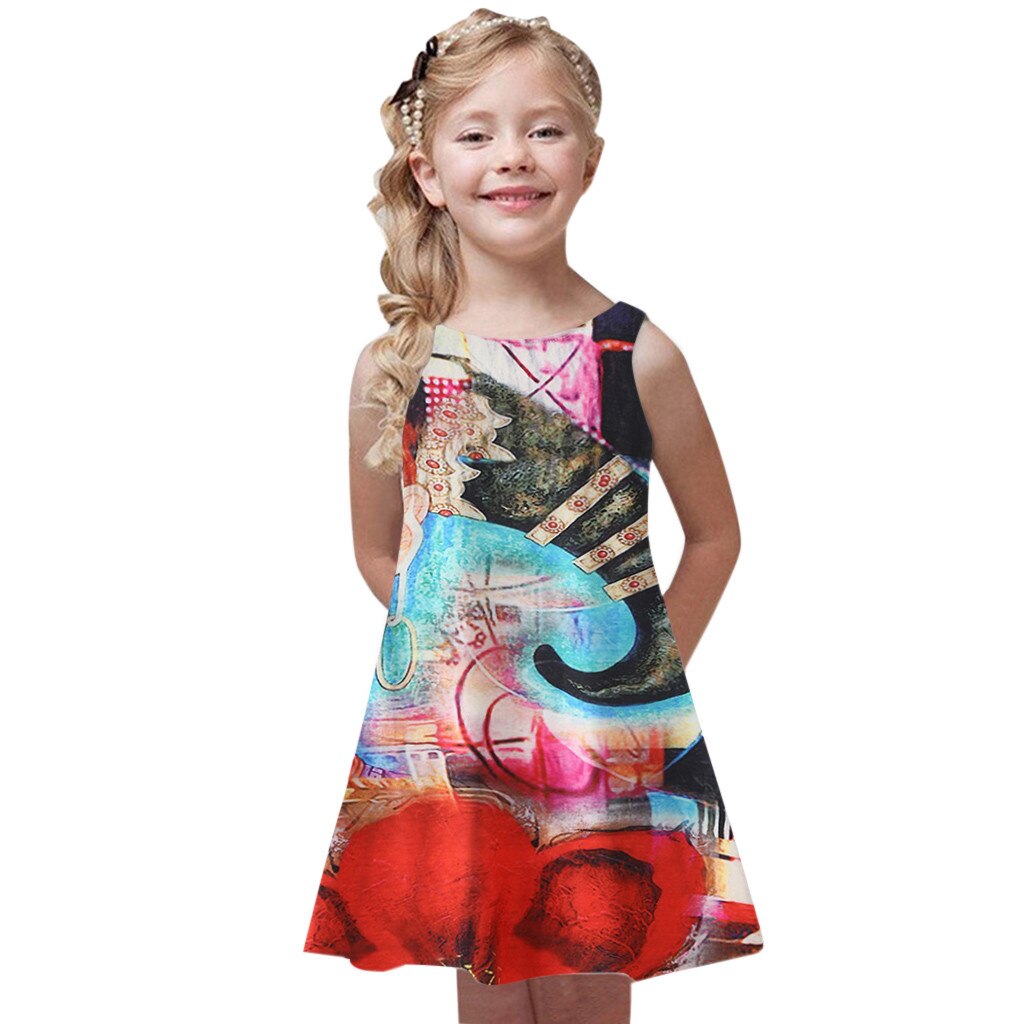 Summer Chic Casual Kids Dress Printing Sleeveless Vest Crew Neck Loose Mini A-line Dress Beach Vacation Girls Dresses Vestidos