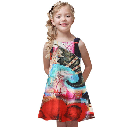 Summer Chic Casual Kids Dress Printing Sleeveless Vest Crew Neck Loose Mini A-line Dress Beach Vacation Girls Dresses Vestidos