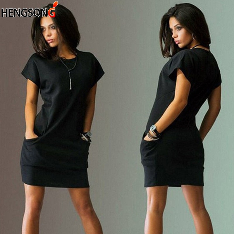 Summer Dress Women Short Sleeve O Neck Mini Dress Bodycon Pocket Loose Casual Female Dress Office Lady Work Dress Vestidos