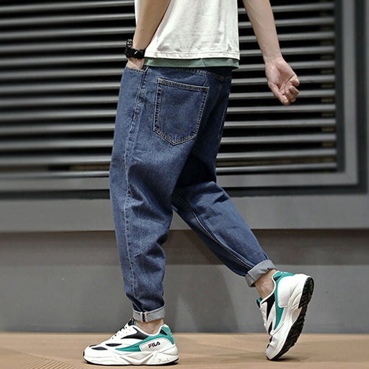 Men's Loose Fit Retro Blue Simple Harem Jeans Pants Streetwear Vintage Japanese Style Classical Taper Jeans Men