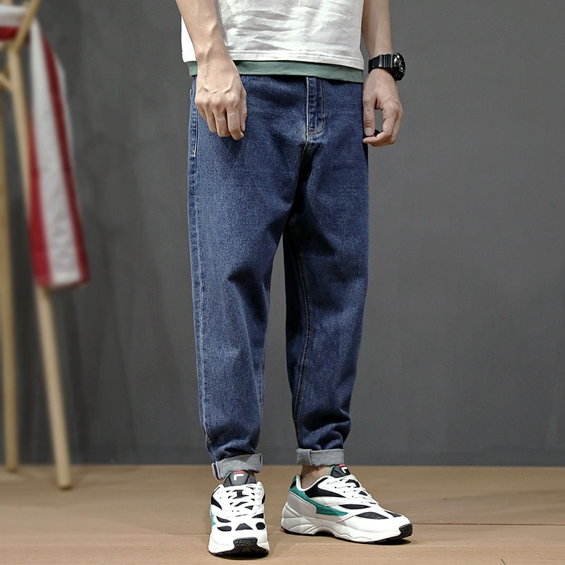 Men's Loose Fit Retro Blue Simple Harem Jeans Pants Streetwear Vintage Japanese Style Classical Taper Jeans Men