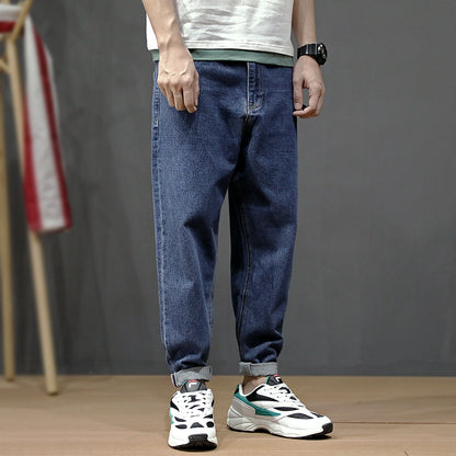 Men's Loose Fit Retro Blue Simple Harem Jeans Pants Streetwear Vintage Japanese Style Classical Taper Jeans Men