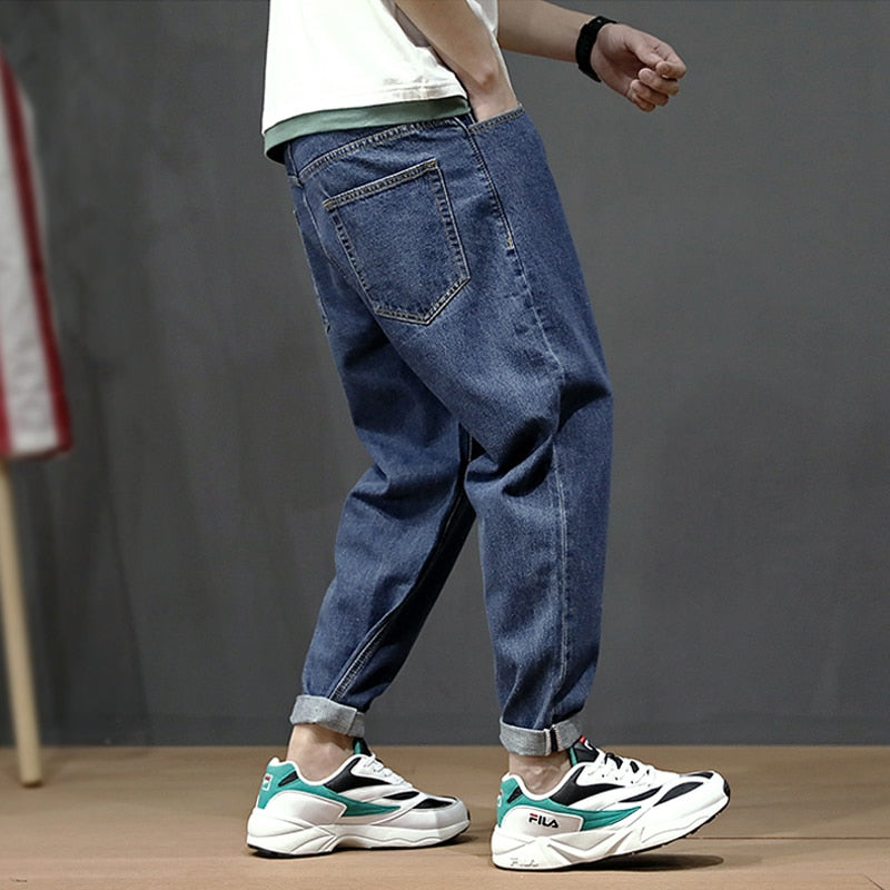 Men's Loose Fit Retro Blue Simple Harem Jeans Pants Streetwear Vintage Japanese Style Classical Taper Jeans Men