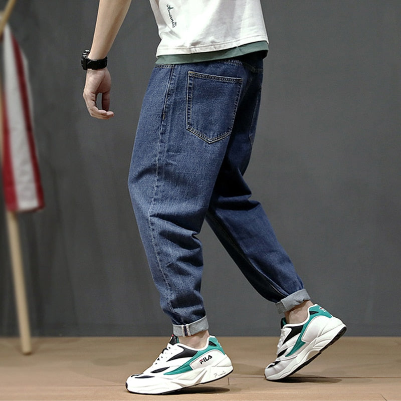 Men's Loose Fit Retro Blue Simple Harem Jeans Pants Streetwear Vintage Japanese Style Classical Taper Jeans Men