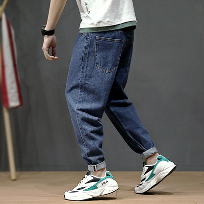 Men's Loose Fit Retro Blue Simple Harem Jeans Pants Streetwear Vintage Japanese Style Classical Taper Jeans Men