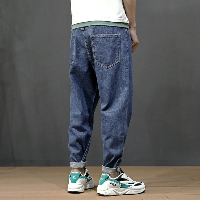 Men's Loose Fit Retro Blue Simple Harem Jeans Pants Streetwear Vintage Japanese Style Classical Taper Jeans Men