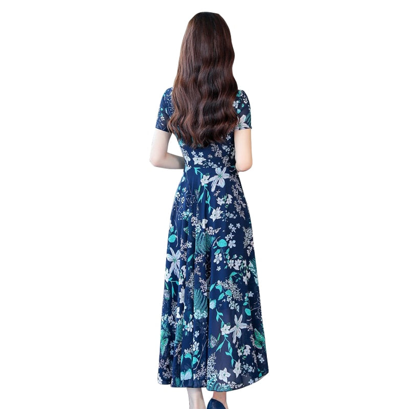 Summer Floral Maxi Dress Women Flower Print Casual Split Beach Dress Ladies Elegant Cotton Vintage Boho Dresses Girl