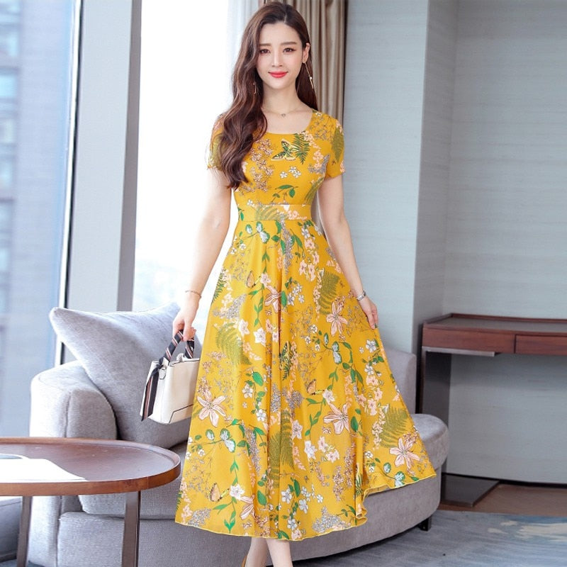 Summer Floral Maxi Dress Women Flower Print Casual Split Beach Dress Ladies Elegant Cotton Vintage Boho Dresses Girl