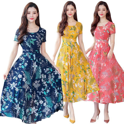 Summer Floral Maxi Dress Women Flower Print Casual Split Beach Dress Ladies Elegant Cotton Vintage Boho Dresses Girl