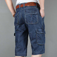 將圖片載入圖庫檢視器 Men&#39;s Jeans Denim Shorts Cotton Cargo Shorts Big Pocket Loose Baggy Wide Leg Embroidery Bermuda Beach Boardshort

