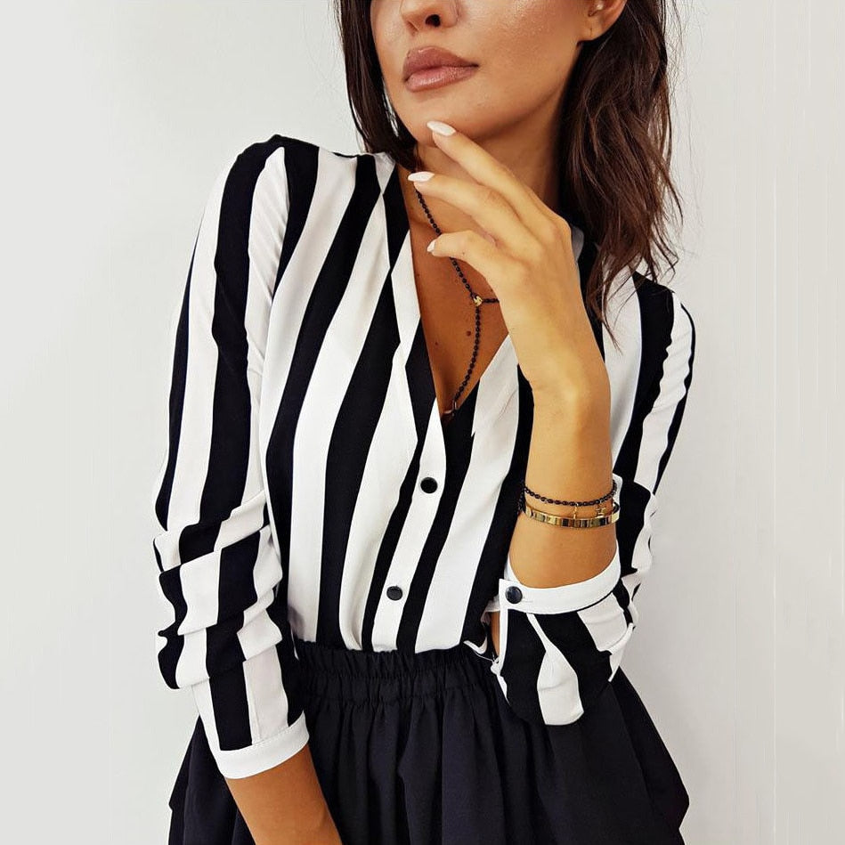 Women's Striped Shirt Black White Elegant V Neck Button Blouse OL Casual Loose Tops Vintage Camisa Feminina