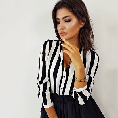Women's Striped Shirt Black White Elegant V Neck Button Blouse OL Casual Loose Tops Vintage Camisa Feminina