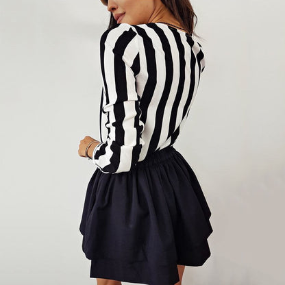 Women's Striped Shirt Black White Elegant V Neck Button Blouse OL Casual Loose Tops Vintage Camisa Feminina