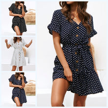 Charger l&#39;image dans la galerie, Summer Short Dress Women Short Sleeve Beach Dot Print Dress Sexy V Neck Button Pleated Mini Party Dresses Leisure Ladies Vestido
