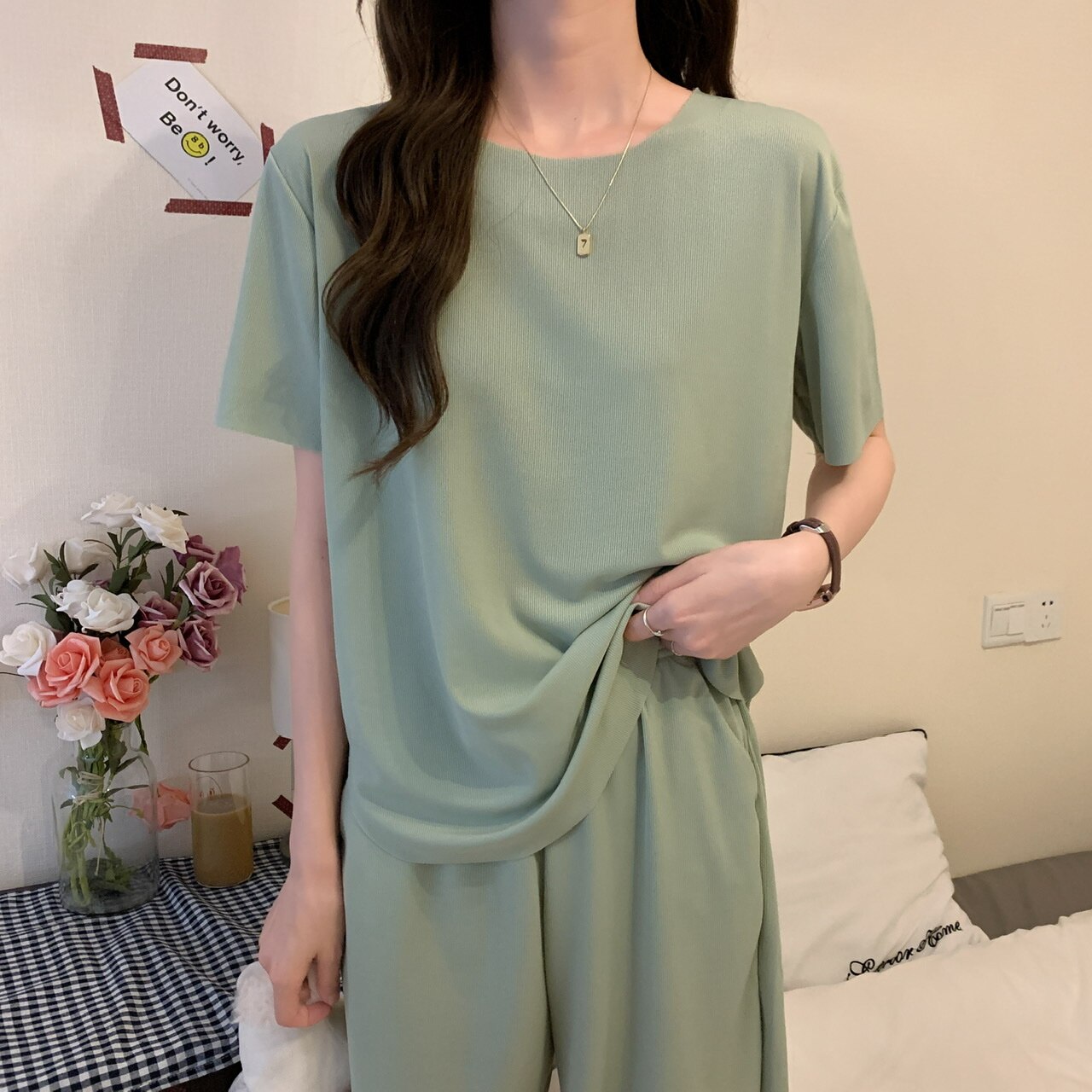 Summer Solid Pajama Sets Women Cozy Ice Fabric Loose Casual Homewear Ladies Leisure Comfortable Sleepwear Teens Korean Stylish
