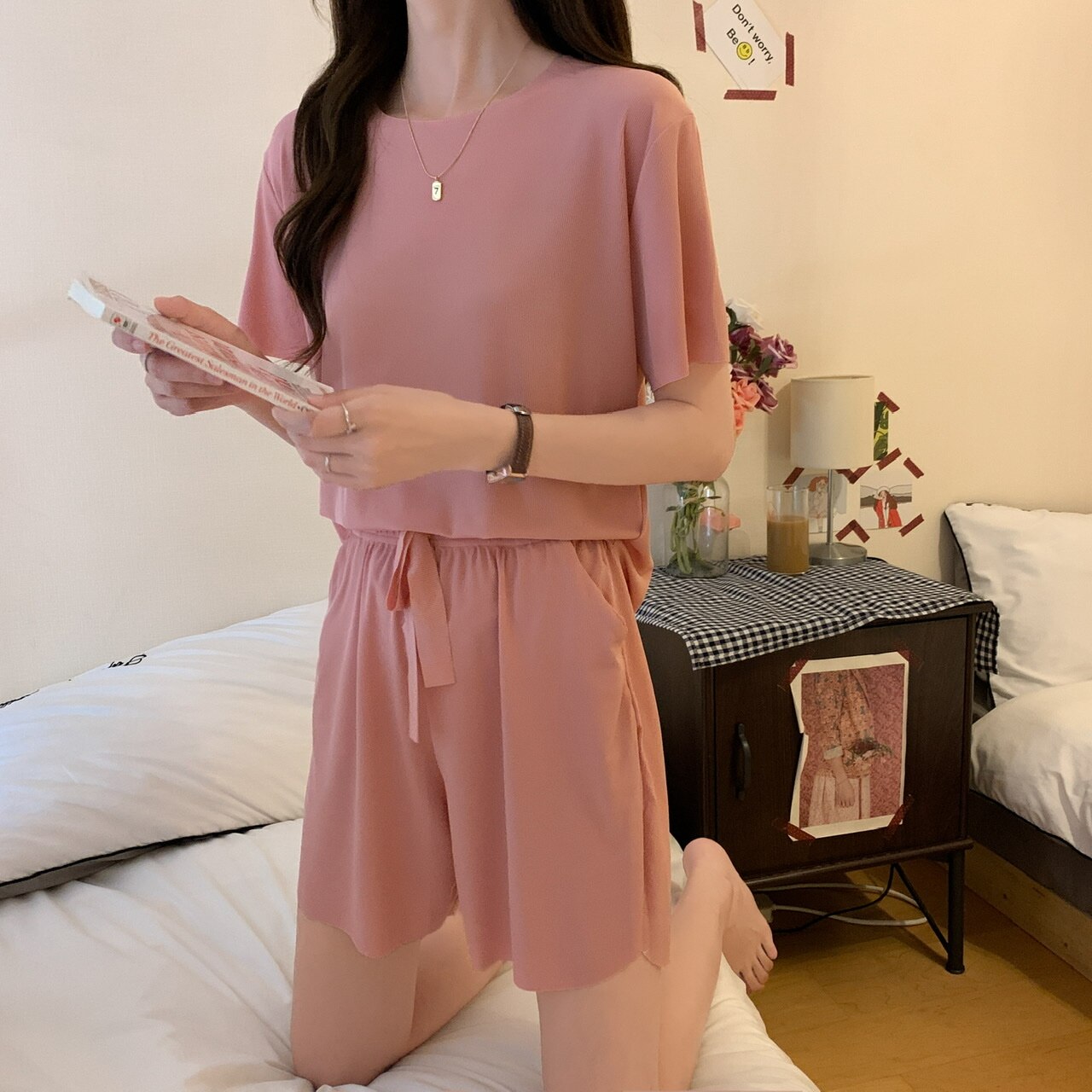 Summer Solid Pajama Sets Women Cozy Ice Fabric Loose Casual Homewear Ladies Leisure Comfortable Sleepwear Teens Korean Stylish