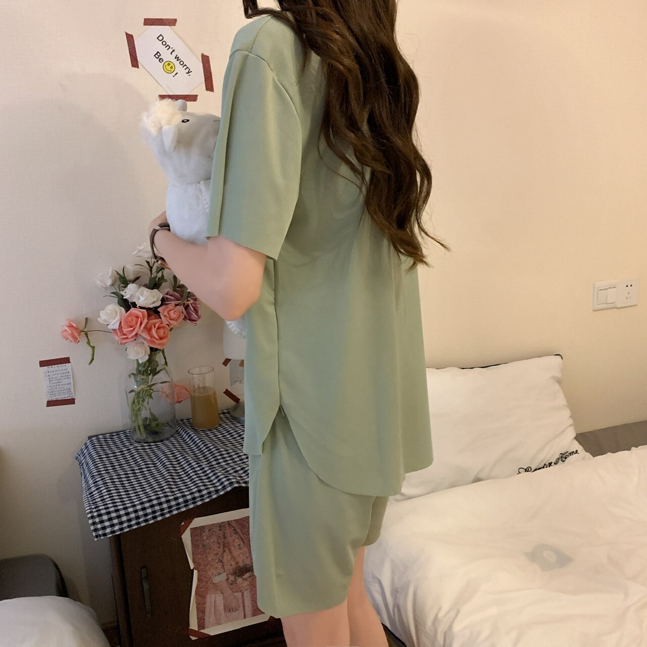 Summer Solid Pajama Sets Women Cozy Ice Fabric Loose Casual Homewear Ladies Leisure Comfortable Sleepwear Teens Korean Stylish